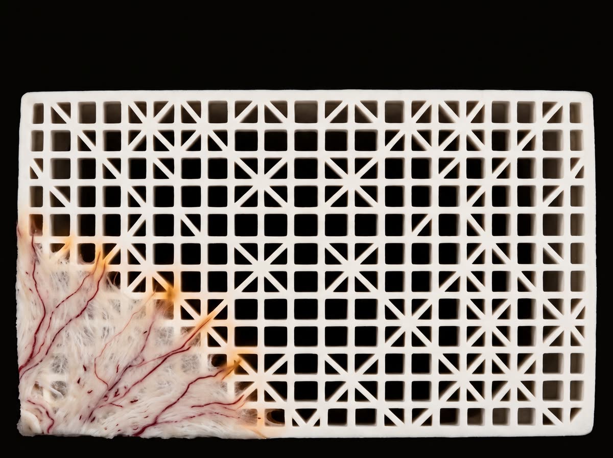 Bare scaffold block with growth entering from one corner